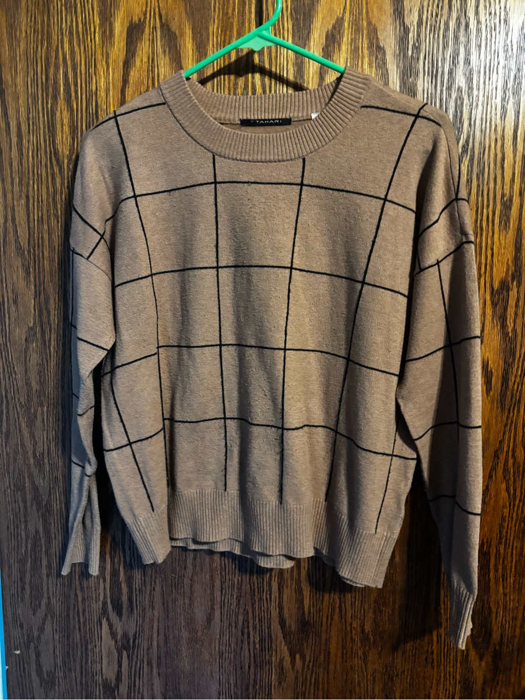 T Tahari Taupe Grid Crewneck Sweater